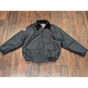 National Patrol Jacket Mens Large Black Bomber Fur Collar Quilted Flag Patch